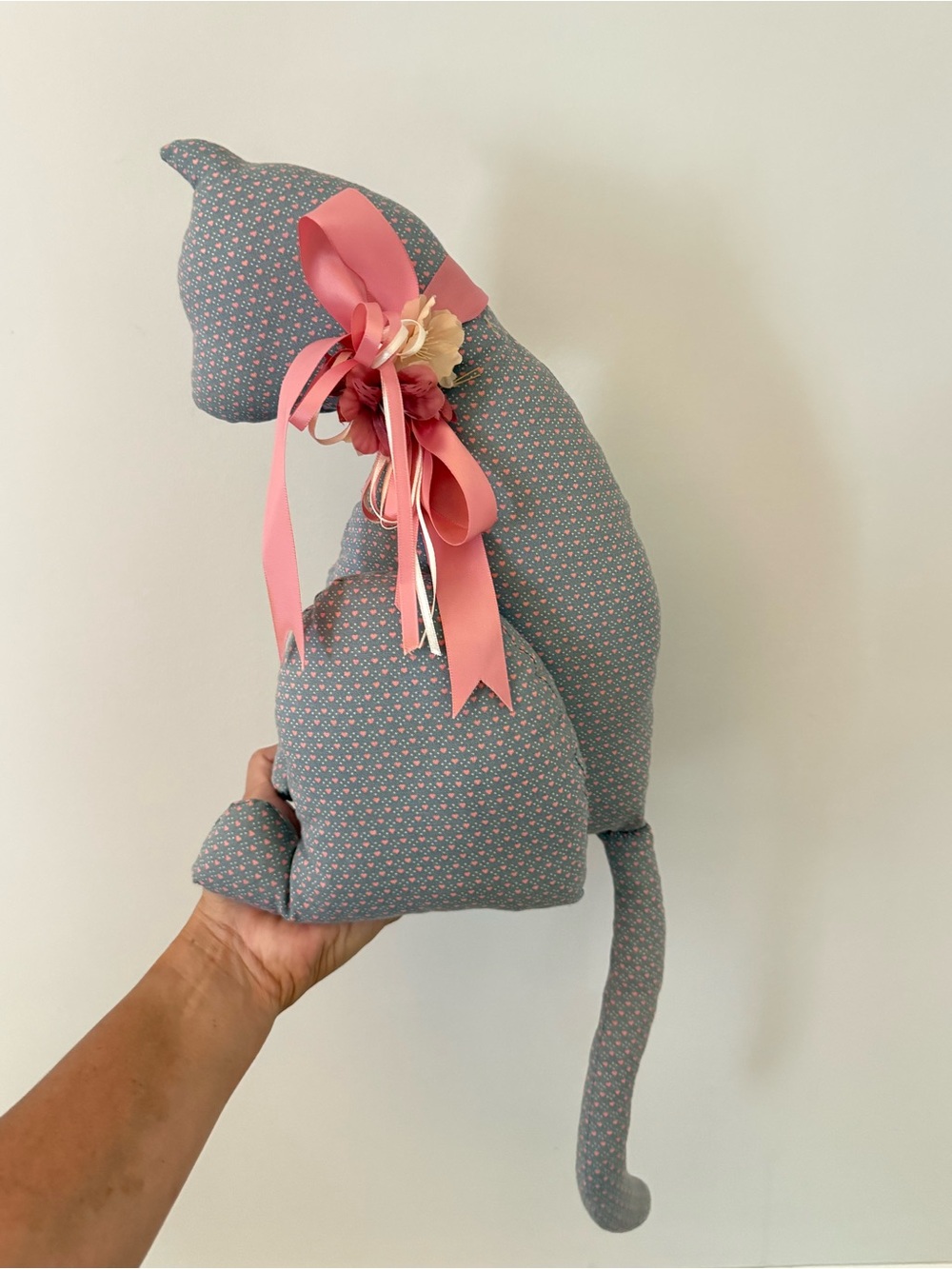 Grandmacore vintage Handmade blue Floral Fabric Cat Plush stuff animal.